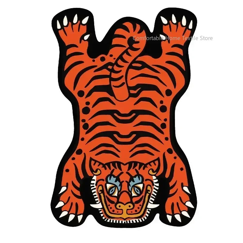 Teppich in Tigerform im Cartoon-Stil für Wohnzimmer, Schlafzimmer und Babyzimmer – 60 × 90 bis 200 × 400 cm, Flanell, rutschfest, waschbar, 14 Motive