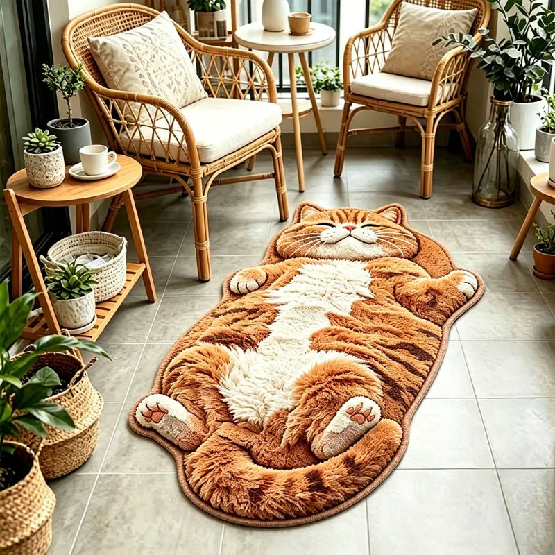 Plüschteppich in Katzenform im Cartoon-Stil als Bettvorleger für Schlafzimmer und Wohnzimmer – 40 × 70 bis 100 × 160 cm, weich, unregelmäßige Form
