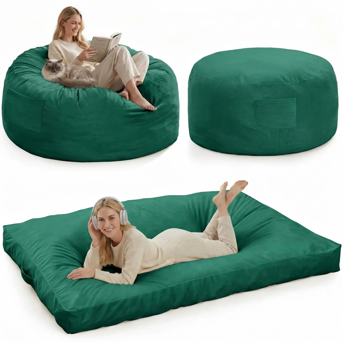 3-in-1-Sitzsack als Sessel, Liege und Bodenbett mit Memory-Schaum für Wohnzimmer und Gaming – 112 × 112 × 70 cm, waschbarer Flanellbezug, 7 Farben