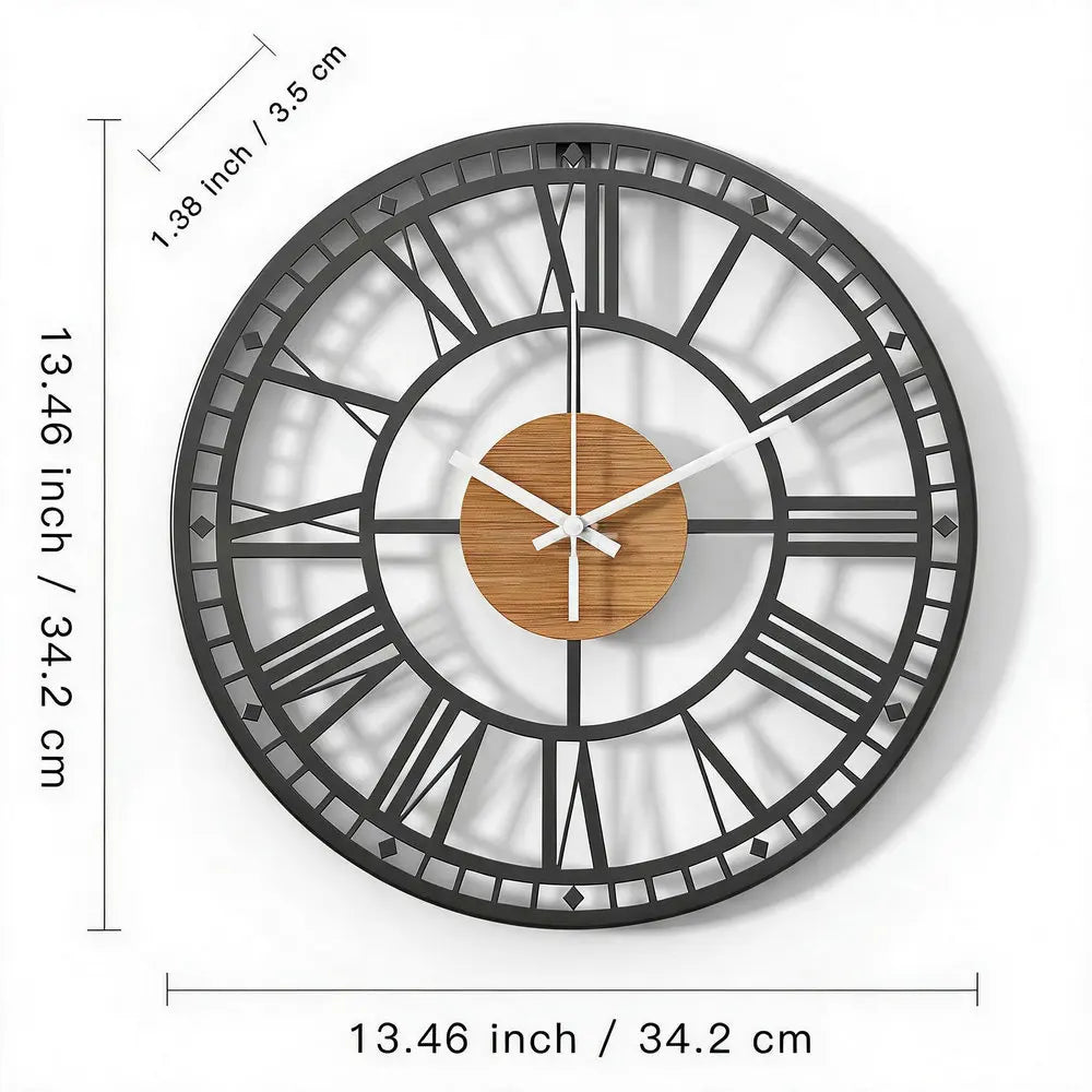 Retro-Wanduhr aus Metall mit römischen Ziffern und Holzmaserung im Landhausstil für das Wohnzimmer – Ø 34 cm, lautlos, Schwarz
