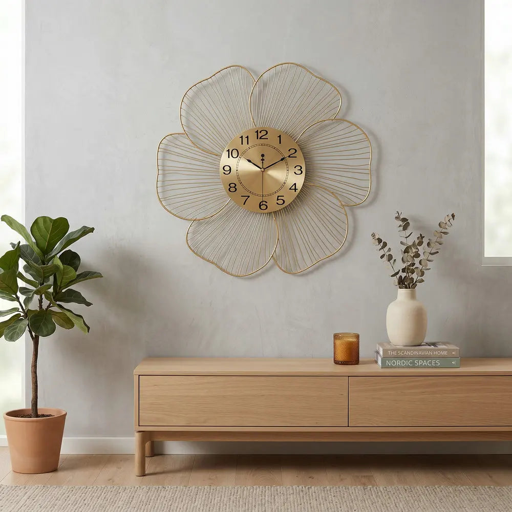 Metall-Wanduhr mit Blumenmuster im nordischen Stil für Wohnzimmer und Esszimmer – 60 × 60 cm, rund, lautloses Quarzwerk, ohne Ticken