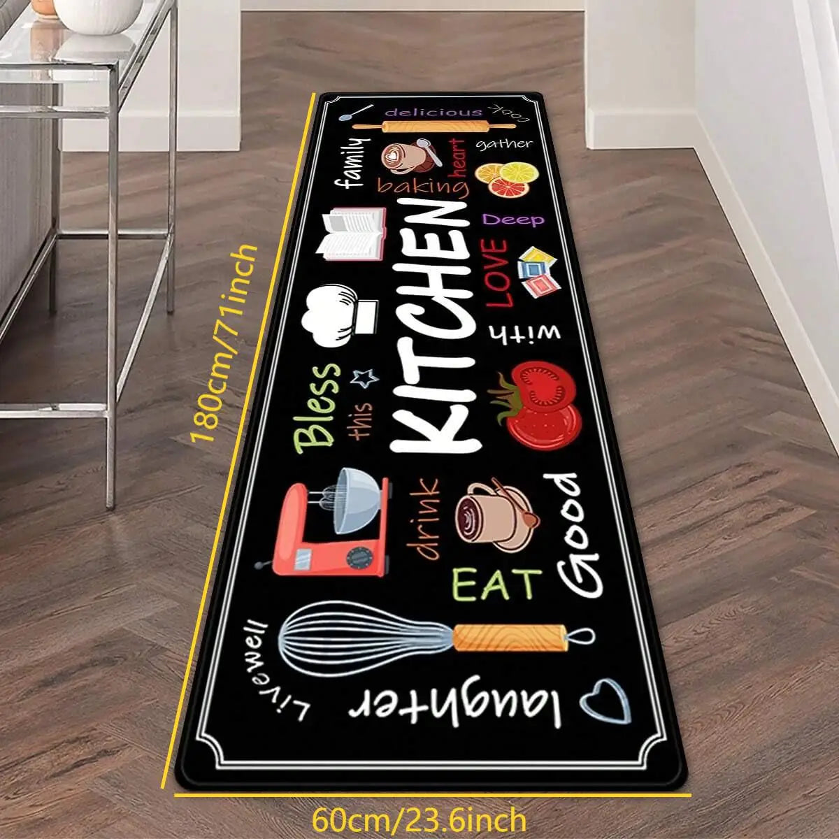 Bedruckte Küchenmatte mit Kitchen-Schriftzug aus Kristallsamt für Küche, Flur und Waschküche – 40 × 60 bis 60 × 180 cm, 4 mm dick, waschbar