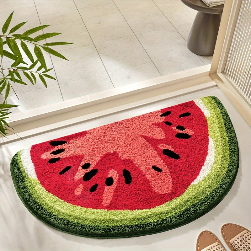 Halbrunde Badematte in Form einer Obstscheibe wie Kiwi oder Wassermelone für Bad, Schlafzimmer und Eingang – 45 × 80 cm, weich, saugfähig, 4 Motive