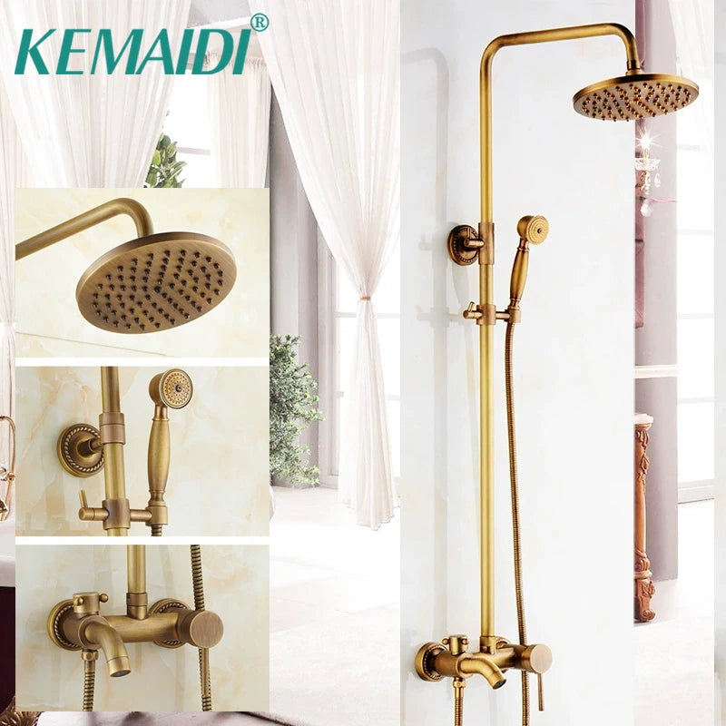 Duschset aus Messing im Vintage-Stil zur Wandmontage im Badezimmer – 3 Funktionen, Regendusche, Handbrause, Abwärtsbrause, höhenverstellbar