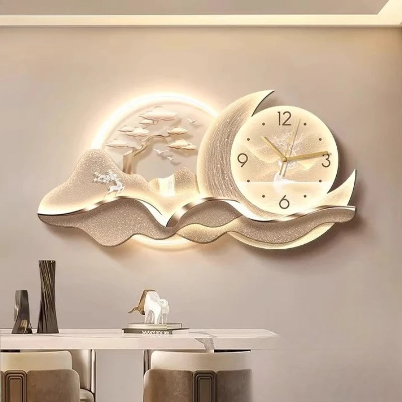 Beleuchtete Wanduhr mit Landschaftsbild aus Kristallporzellan für Wohn- und Esszimmer – 30 × 60 oder 40 × 80 cm, LED-Licht, Fernbedienung, 3 Motive