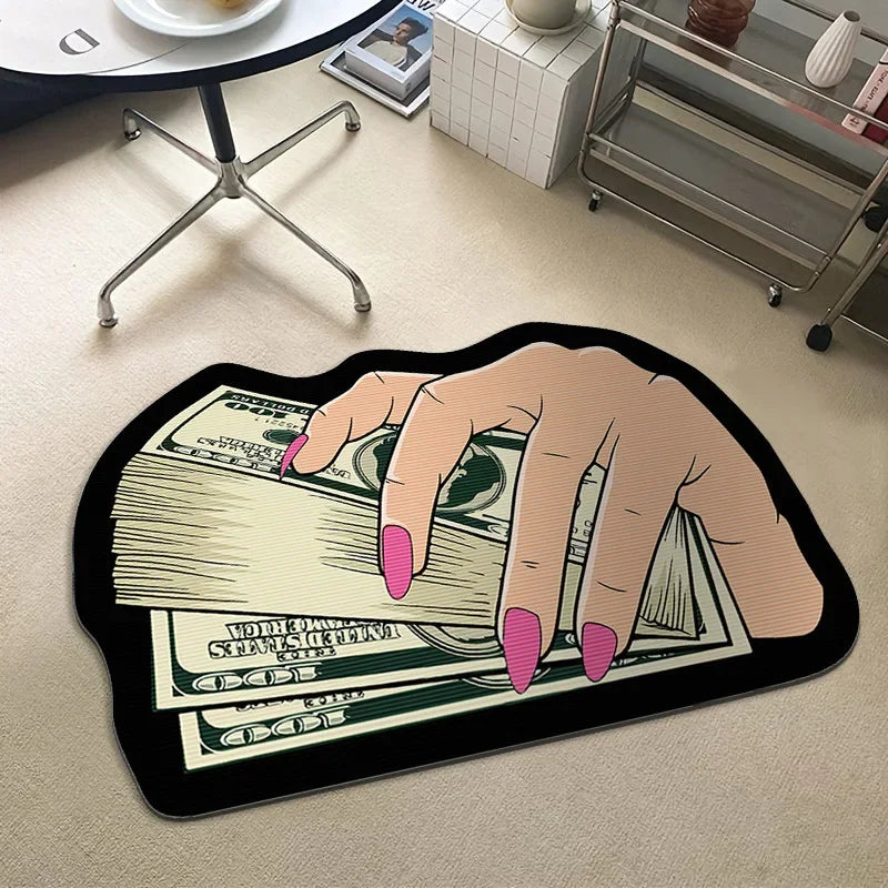 Teppich in Form von Dollar-Geldbündeln für Schlafzimmer, Wohnzimmer und Eingang – 40 × 60 bis 80 × 120 cm, Sonderform, rutschfeste Noppen, 9 Motive