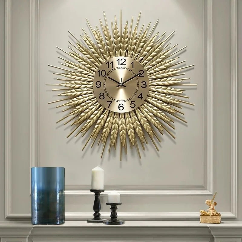 Große Wanduhr aus Metall im Vintage-Stil für Wohnzimmer und Schlafzimmer – Ø 60 cm, rund, Weizenähren-Design, lautloses Quarzwerk, Gold
