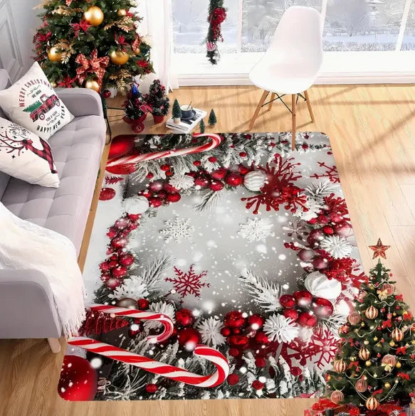 Weihnachtsteppich in Rot mit Christbaumkugeln, Tannenzweigen und Schneeflocken für Wohnzimmer und Haustür – 40 × 60 bis 120 × 160 cm, rutschfest