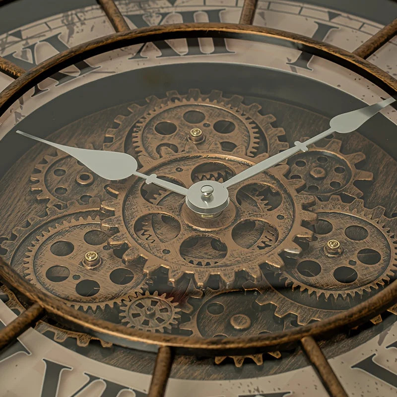 Steampunk-Wanduhr mit echten beweglichen Zahnrädern im Industrie-Stil für Wohnzimmer und Büro – 46 × 46 cm, römische Ziffern, 4 Ausführungen