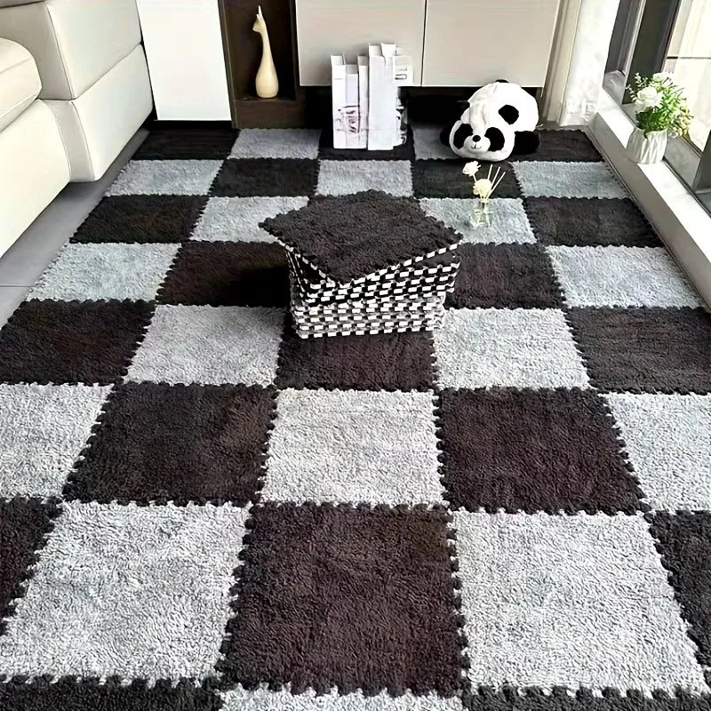 Plüsch-Puzzlematte in Zweifarb-Kombinationen für Wohnzimmer und Spielzimmer – 30 × 30 × 1 cm, BPA-frei, rutschfest, 4 bis 20 Platten, 9 Farben