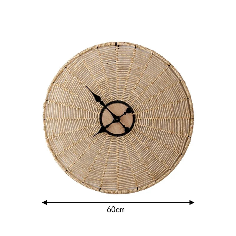 Rattan-Wanduhr im japanischen Stil aus Holz, Seil und Eisen für das Wohnzimmer – 60 × 60 oder 80 × 80 cm, rund, geräuschloses Quarzwerk