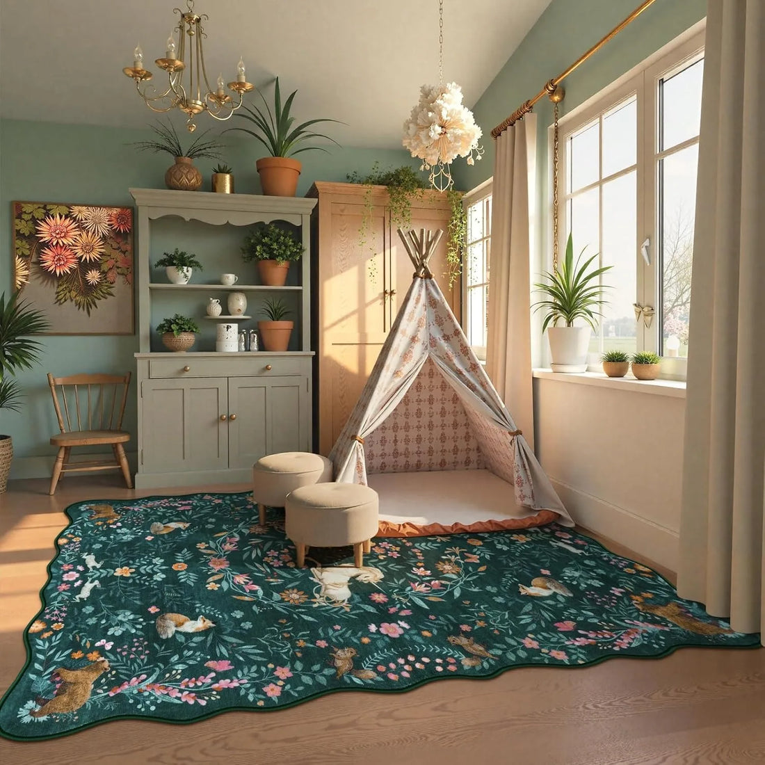 Flauschiger Teppich mit Tier- und Pflanzenmotiv im nordischen Stil für Wohnzimmer und Schlafzimmer – 50 × 80 bis 300 × 400 cm, rutschfest, 3 Motive