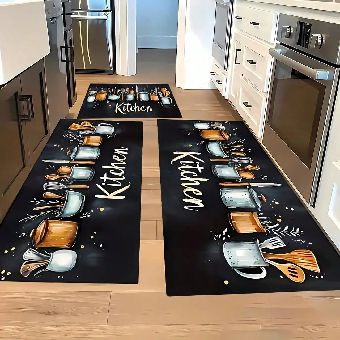 Küchenläufer mit Besteck- und Gewürzmotiv und Schriftzug „Bon Appetit“ für Küche und Esszimmer – 40 × 60 bis 50 × 150 cm, rutschfest, 4 Motive
