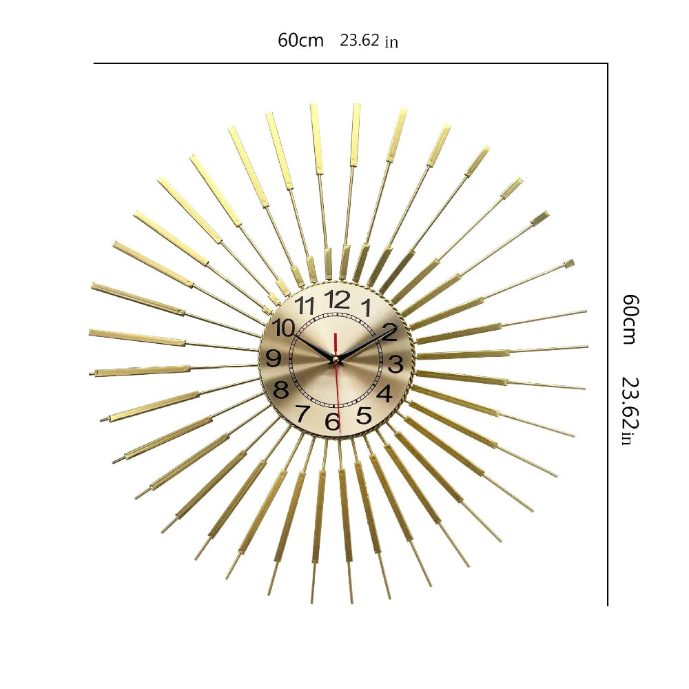 Große Wanduhr aus Metall im Sonnenstrahlen-Design für Wohnzimmer und Eingangsbereich – Ø 60 cm, geräuschloses Quarzwerk, arabische Ziffern, Gold