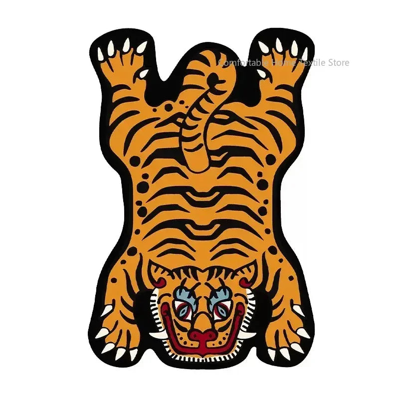 Teppich in Tigerform im Cartoon-Stil für Wohnzimmer, Schlafzimmer und Babyzimmer – 60 × 90 bis 200 × 400 cm, Flanell, rutschfest, waschbar, 14 Motive