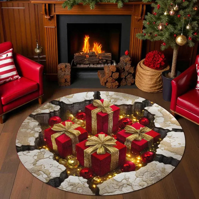 Runder Weihnachtsteppich mit Wichtel in 3D-Optik für Wohnzimmer und Haustür – Ø 40 bis 120 cm, Flanell, rutschfest, waschbar, 6 Motive