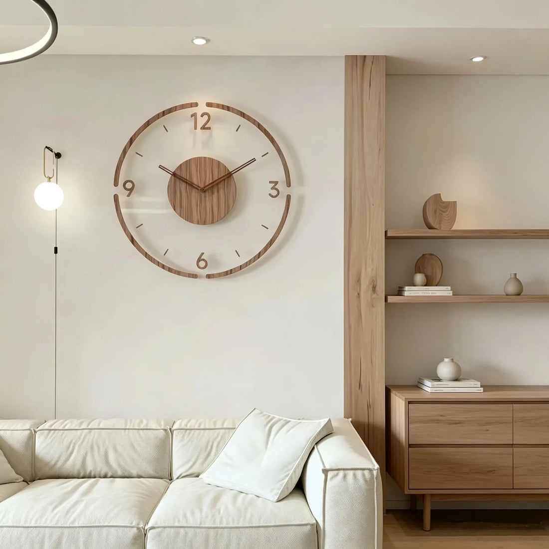 Wanduhr mit transparentem Acrylglas-Zifferblatt und Massivholz-Mitte im nordischen Stil für Wohnzimmer – 30, 35 oder 40 cm, rund, lautlos