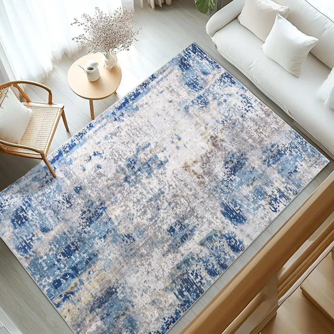 Abstrakter Kurzflorteppich in Blau im modernen Stil für Wohnzimmer und Schlafzimmer – 80 × 120 bis 120 × 180 cm, 6 mm, rutschfest, waschbar, 4 Motive