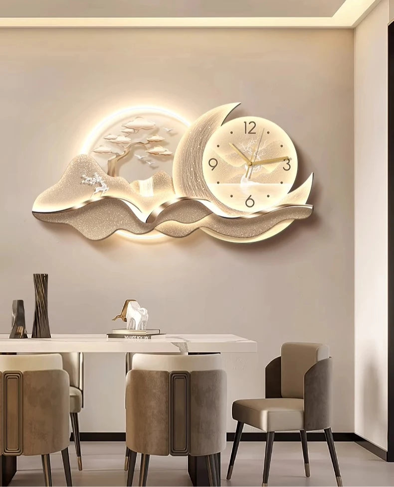 Beleuchtete Wanduhr mit Landschaftsbild aus Kristallporzellan für Wohn- und Esszimmer – 30 × 60 oder 40 × 80 cm, LED-Licht, Fernbedienung, 3 Motive
