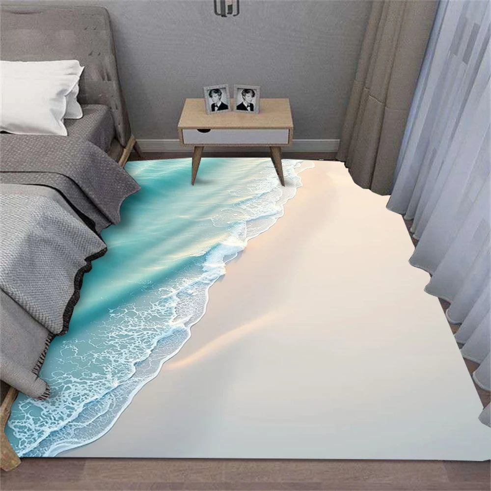 Teppich mit Strand-, Wellen- und Muschel-Motiv für Wohnzimmer, Küche und Flur – 40 × 60 bis 120 × 160 cm, rechteckig, Flanell, rutschfest, 7 Motive