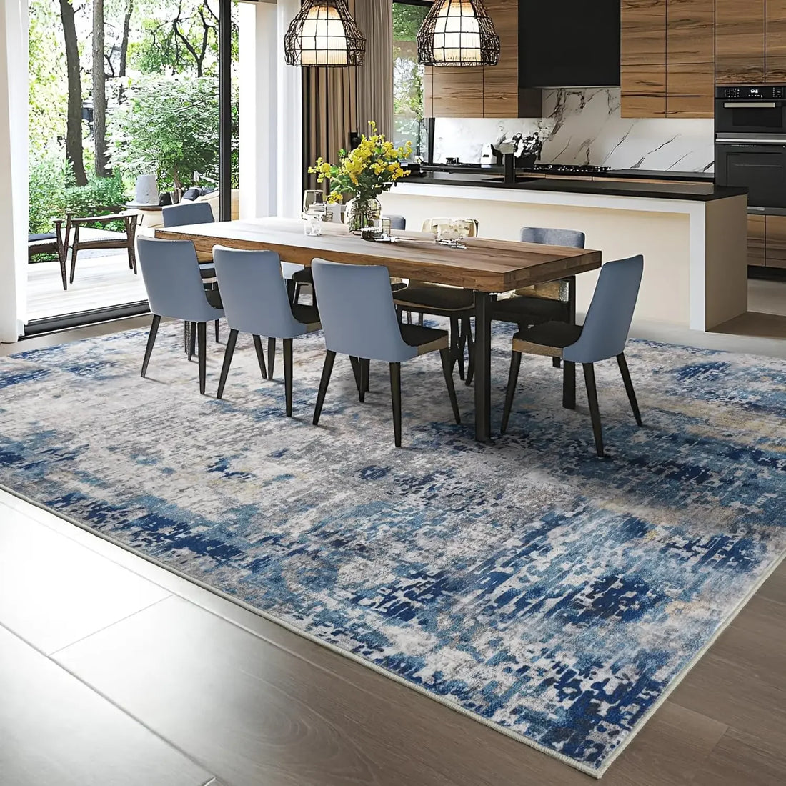 Abstrakter Kurzflorteppich in Blau im modernen Stil für Wohnzimmer und Schlafzimmer – 80 × 120 bis 120 × 180 cm, 6 mm, rutschfest, waschbar, 4 Motive