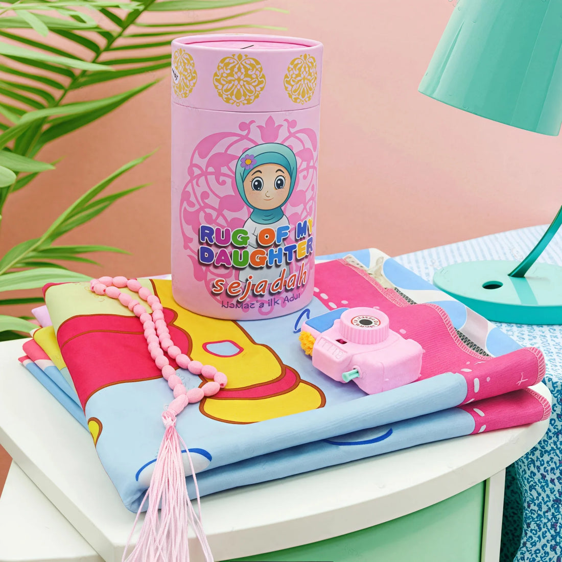 Gebetsteppich für Kinder im 4-teiligen Geschenkset zum Ramadan mit Gebetskette – 50 × 95 cm, Polyester, rutschfest, tragbar, Blau oder Rosa