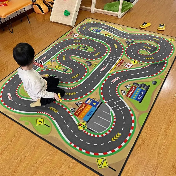 Spielteppich mit Rennstrecke oder Flughafen für Kinderzimmer und Spielzimmer – 40 × 60 bis 120 × 160 cm, Flanell, rutschfest, 7 Motive