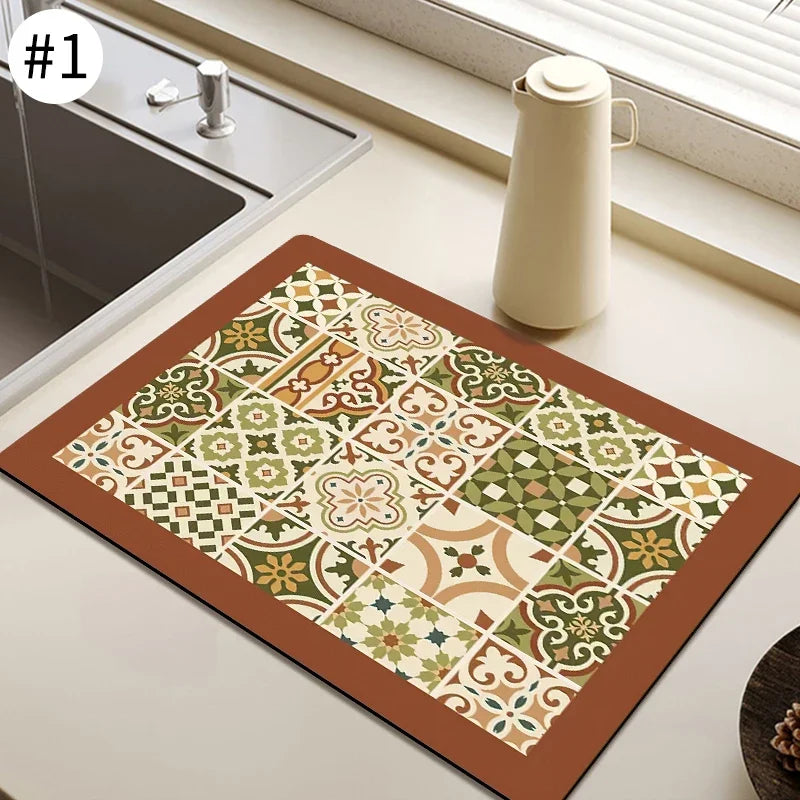 Saugfähige Abtropfmatte für Geschirr, Tassen und Flaschen auf der Küchenarbeitsplatte – 30 × 40 bis 40 × 60 cm, Gummirückseite, rutschfest, 17 Motive