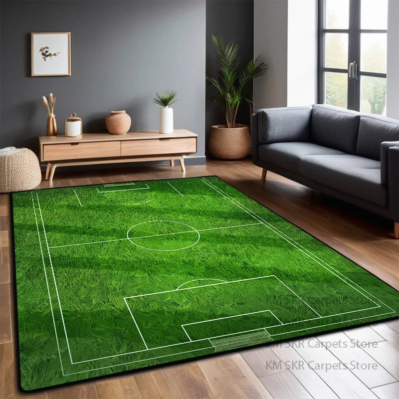 Bedruckter Flanell-Teppich im Fußballfeld-Design für Kinderzimmer und Wohnzimmer – 60 × 90 bis 200 × 400 cm, rechteckig, rutschfest, 13 Motive