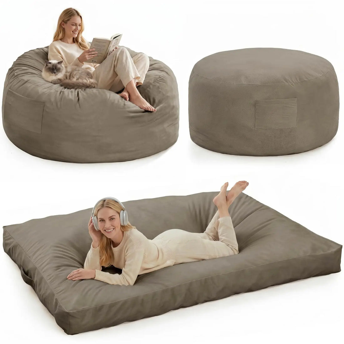3-in-1-Sitzsack als Sessel, Liege und Bodenbett mit Memory-Schaum für Wohnzimmer und Gaming – 112 × 112 × 70 cm, waschbarer Flanellbezug, 7 Farben