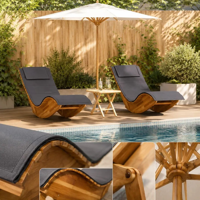 Schaukel-Sonnenliegen aus massivem Akazienholz mit Auflage für Garten, Terrasse und Pool im 2er-Set – Lattengestell, Kopfkissen, Auflage Dunkelgrau