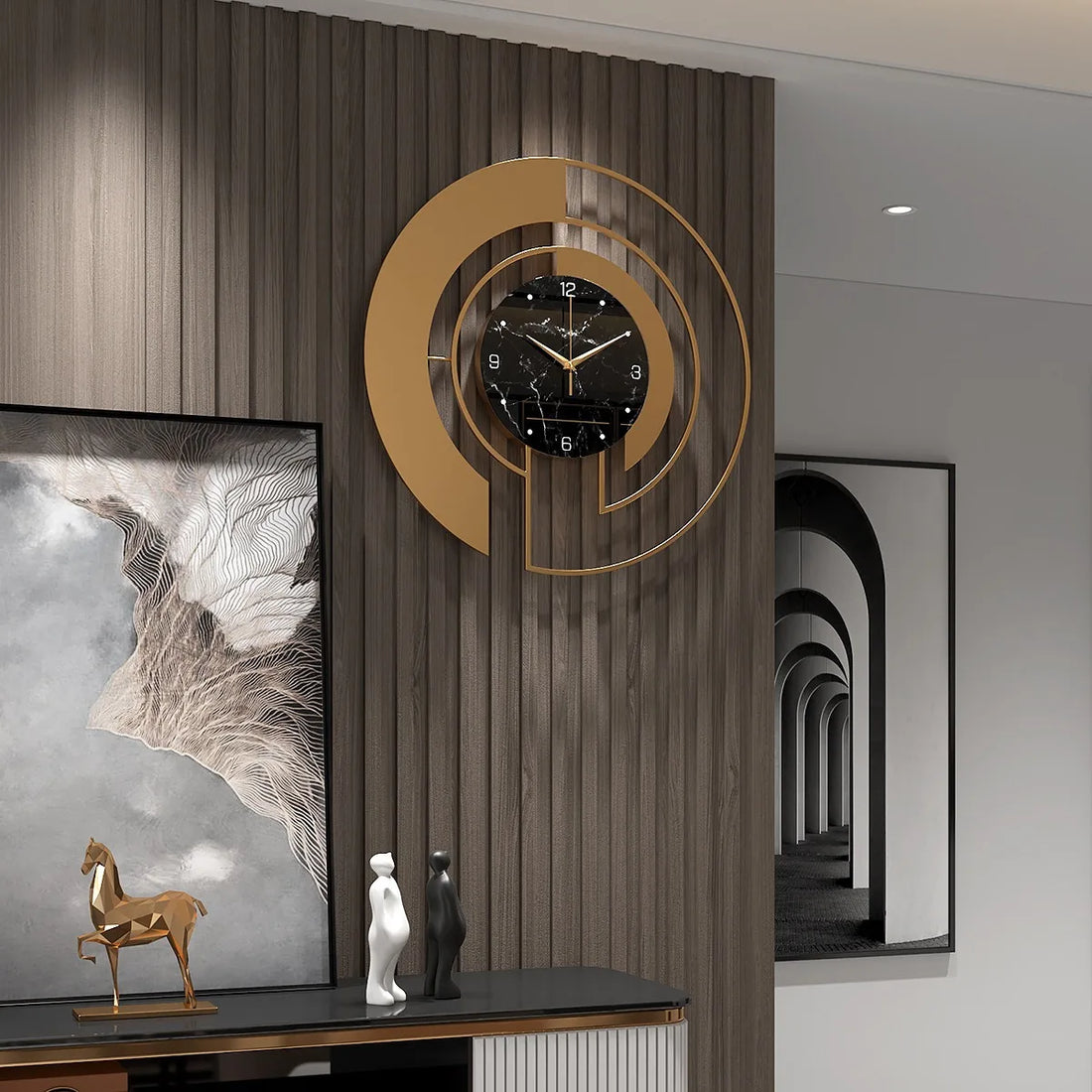 Wanduhr mit Metallrahmen und Zifferblatt in Marmoroptik für Wohnzimmer und Eingangsbereich – 46 × 46 cm, rund, geräuschlos, Gold oder Schwarz