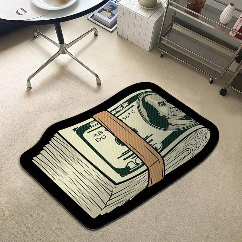Teppich in Form von Dollar-Geldbündeln für Schlafzimmer, Wohnzimmer und Eingang – 40 × 60 bis 80 × 120 cm, Sonderform, rutschfeste Noppen, 9 Motive