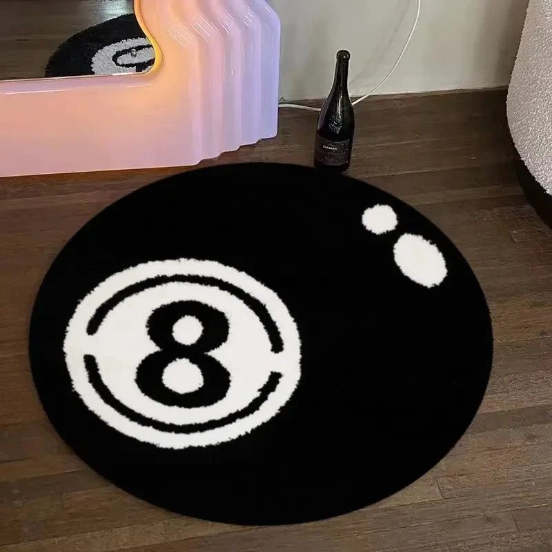 Runder Flanellteppich im Design der schwarzen Billardkugel 8 für Wohnzimmer, Schlafzimmer und Spielecke – Ø 60 bis 160 cm, schwarz-weiß, rutschfest