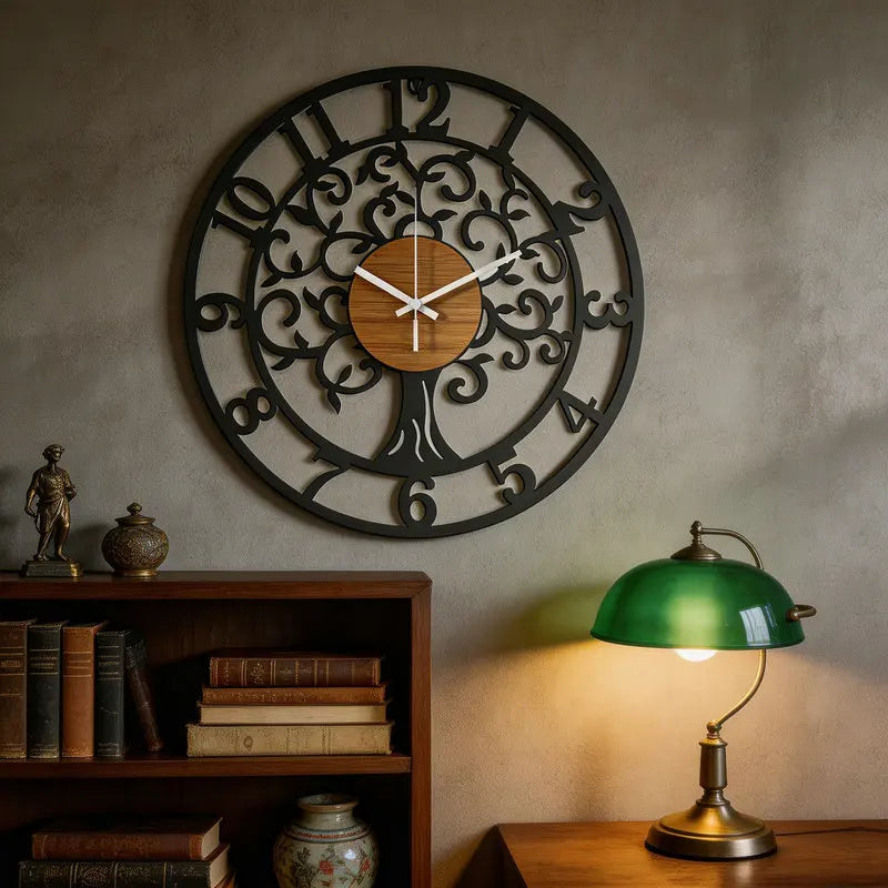 Wanduhr aus Eisen mit Lebensbaum-Motiv als Wandkunst für Wohnzimmer und Schlafzimmer – Ø 30 bis 40 cm, rund, geräuschlos, Schwarz