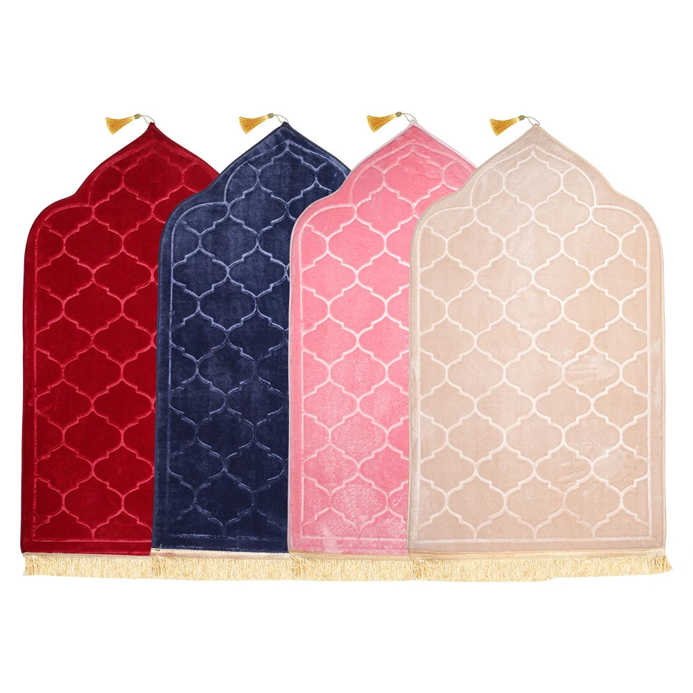 Weicher, faltbarer Gebetsteppich aus Flanell mit Prägung für Zuhause und Reisen – weich zum Knien, rutschfest, tragbar, Polyester, 4 Farben