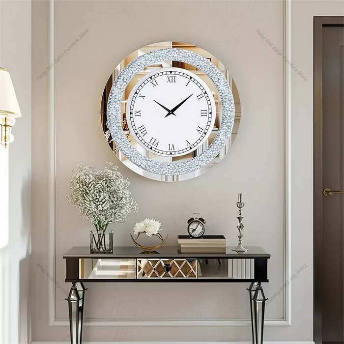 Große Spiegel-Wanduhr mit Glitzerring in Kristalloptik und römischen Ziffern für das Wohnzimmer – 60 × 60 cm, rund, gehärtetes Glas, 2 Ausführungen