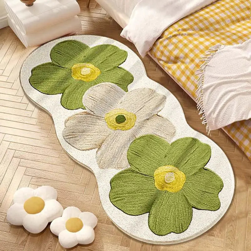 Geschwungener Plüschteppich mit großem Blumenmotiv im nordischen Stil für Schlafzimmer und Mädchenzimmer – 40 × 100 bis 60 × 160 cm, weich, 4 Motive