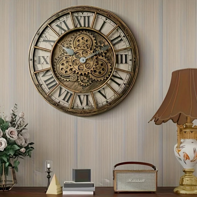 Steampunk-Wanduhr mit echten beweglichen Zahnrädern im Industrie-Stil für Wohnzimmer und Büro – 46 × 46 cm, römische Ziffern, 4 Ausführungen