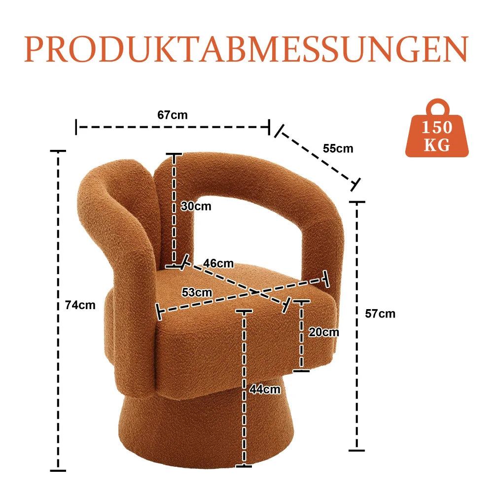 Drehbarer Bouclé-Sessel mit runder Form und breiten Armlehnen für Wohnzimmer und Schlafzimmer – 360° drehbar, 67 × 55 × 74 cm, 4 Farben