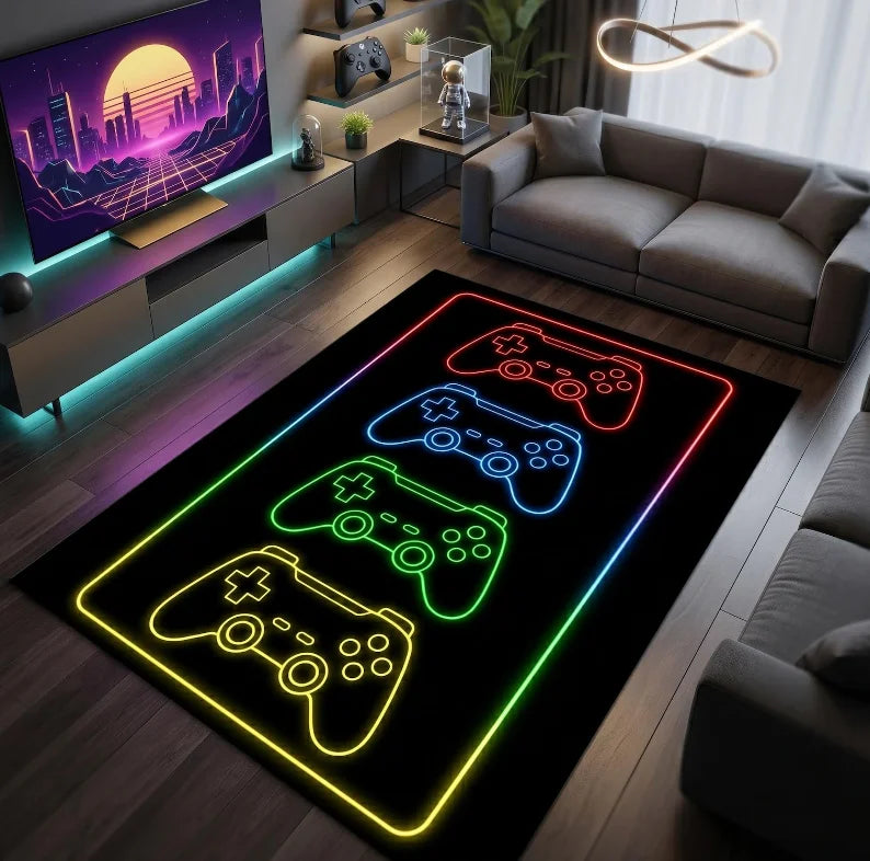 Bunter Gamer-Teppich mit Spielkonsolen-Motiv für Wohnzimmer und Schlafzimmer – 40 × 60 bis 120 × 160 cm, bedruckt, weich, Memory-Schaum, 5 Motive