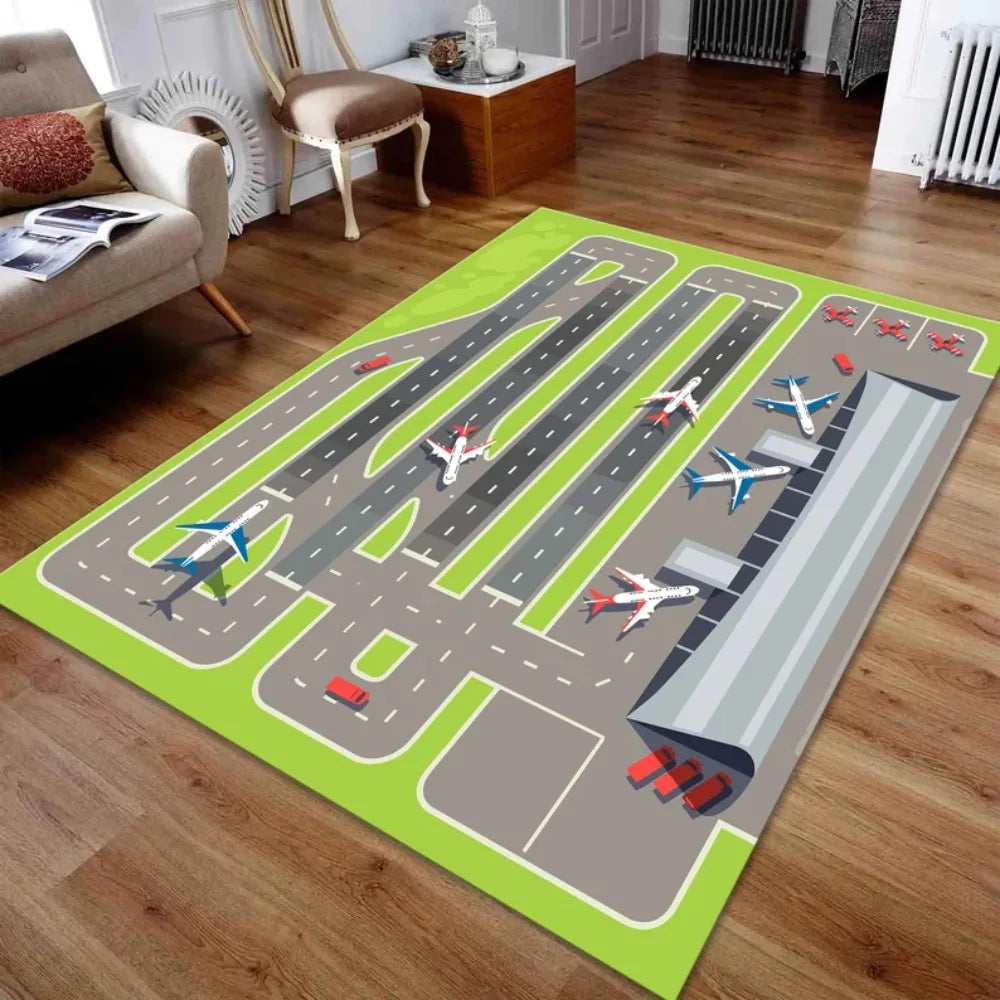 Kinder-Spielteppich mit Flughafen- und Landebahn-Motiv für Kinderzimmer und Wohnzimmer – 40 × 60 bis 120 × 160 cm, rechteckig, rutschfest, 6 Motive
