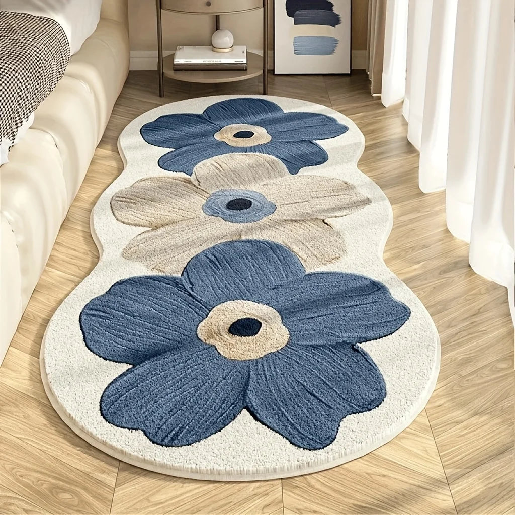 Geschwungener Plüschteppich mit großem Blumenmotiv im nordischen Stil für Schlafzimmer und Mädchenzimmer – 40 × 100 bis 60 × 160 cm, weich, 4 Motive