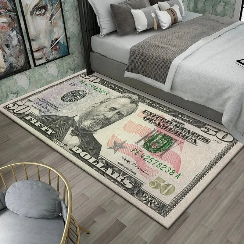Bunter Teppich mit Dollarschein-Druck für Schlafzimmer, Eingang und Wohnzimmer – 40 × 60 bis 120 × 160 cm, rutschfest, waschbar, Gummirücken, 6 Motive
