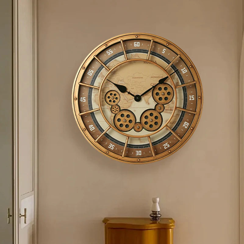 Steampunk-Wanduhr mit echten beweglichen Zahnrädern im Industrie-Stil für Wohnzimmer und Büro – 46 × 46 cm, römische Ziffern, 4 Ausführungen