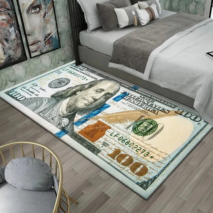 Teppich mit Dollarschein-Aufdruck aus Flanell für Schlafzimmer, Wohnzimmer und Büro – 40 × 60 bis 60 × 180 cm, rutschfeste Latexnoppen, 7 Motive