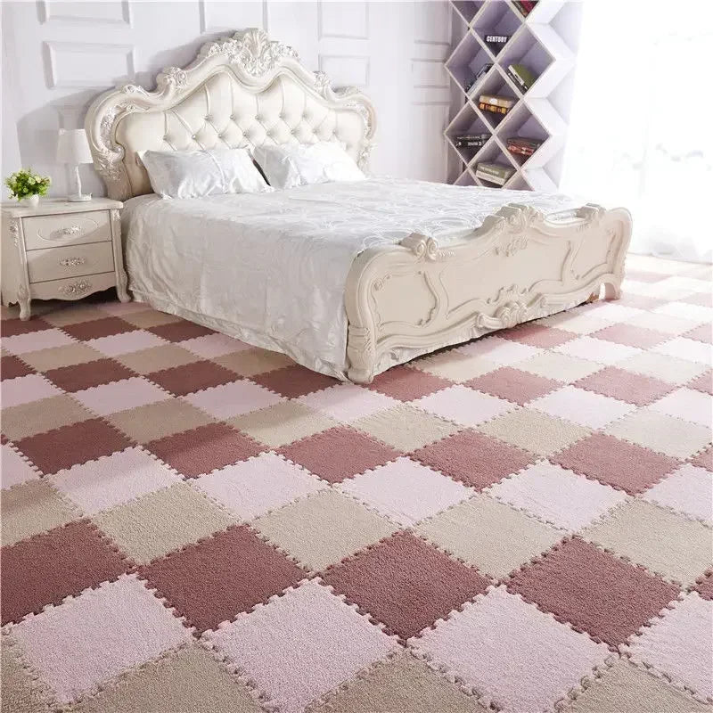 Flauschige Plüsch-Puzzlematten aus Schaumstoff zum Zusammenstecken fürs Wohnzimmer – je 30 × 30 cm, quadratisch, ineinandergreifend, 1 bis 16 Stück