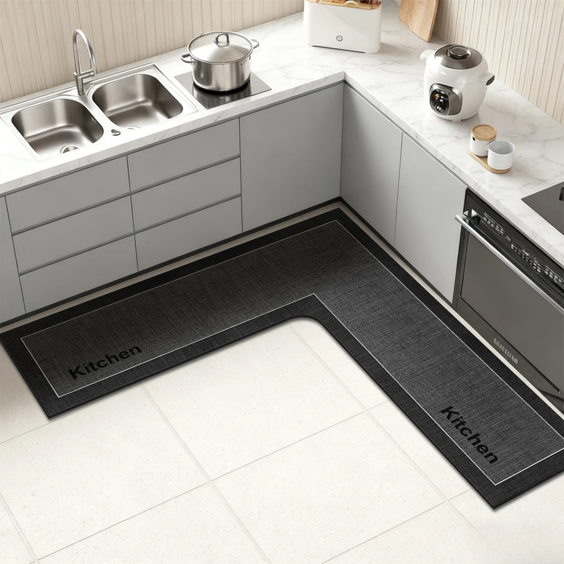 L-förmige Kieselgur-Küchenmatte für Küchenecke und Duschbereich – 75 × 75 bis 150 × 150 cm, 45 cm breit, saugfähig, rutschfest, 2 Farben