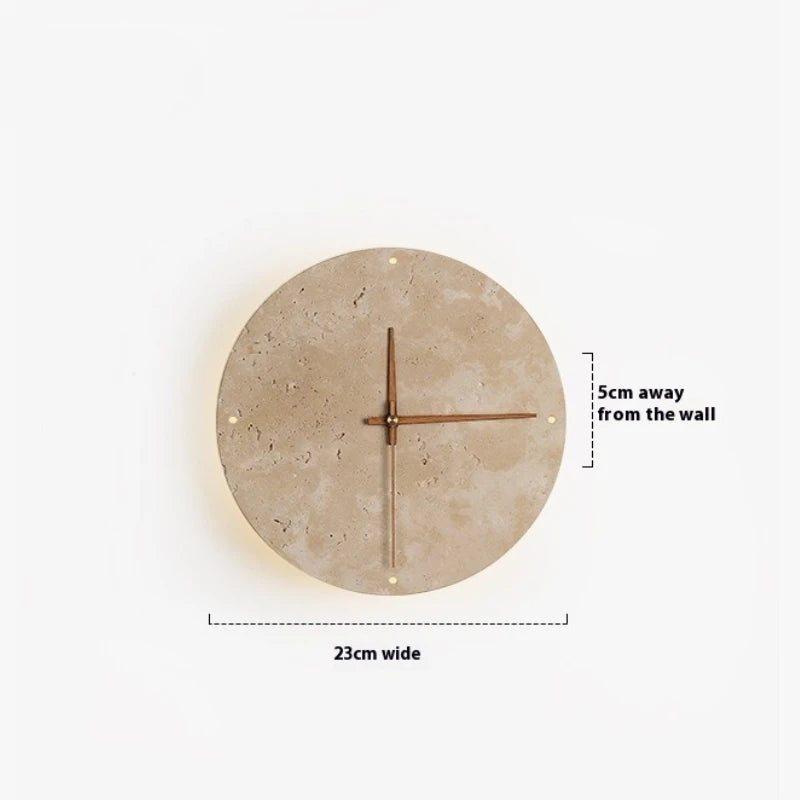 Runde LED-Wandleuchte mit Uhr aus gelbem Travertin im Wabi-Sabi-Stil für Flur und Wohnzimmer – Ø 23 oder 30 cm, warmweiß oder dreifarbig