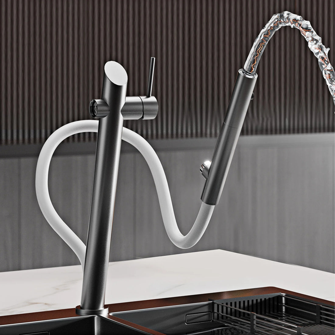 Ausziehbare Küchenarmatur aus Messing für die Küchenspüle – 2 Strahlarten, magnetische Brausehalterung, drehbar, Warm- und Kaltwasser, 5 Farben